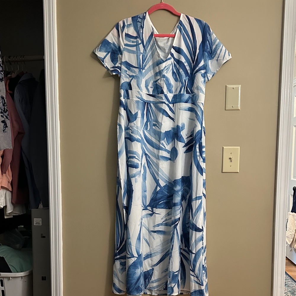 Blue & White Botanical Wrap Maxi Dress